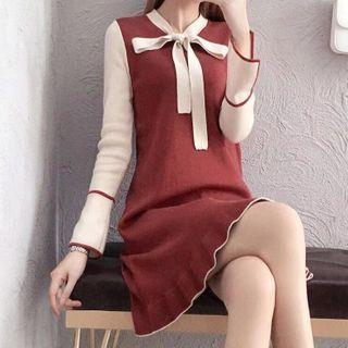 Tie-neck Long-sleeve Knit Mini A-line Dress