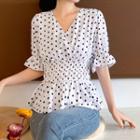 Elbow-sleeve Elastic-waist Dotted Top