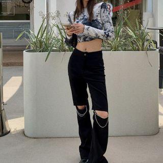 Distressed Chain Detail Bootcut Jeans