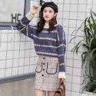 Set: Striped Sweater + Plaid Mini Straight-fit Skirt