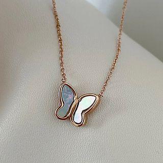 Butterfly Shell Pendant Stainless Steel Necklace E38 - Rose Gold - One Size