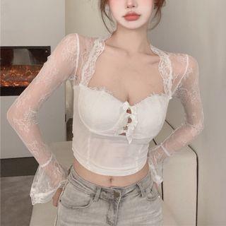 Bell-sleeve Lace Panel Crop Top
