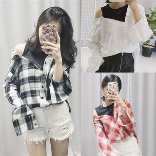 Mock Two Piece Tank Panel Plaid Blouse
