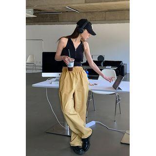 Band-waist Nylon Wide-leg Pants