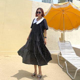 Frilled-collar Polka-dot Tiered Dress
