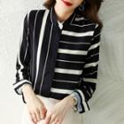 Long-sleeve Striped Stand Collar Chiffon Blouse