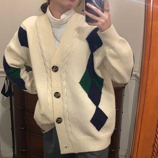 V-neck Argyle Color-block Knit Cardigan
