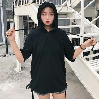 Printed Back Elbow-sleeve Hooded T-shirt