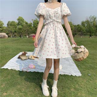 Puff-sleeve Floral Print Mini A-line Dress White - One Size