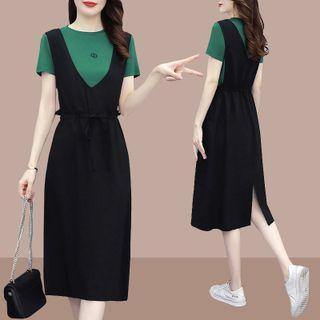 Mock Two-piece Short-sleeve Slit Midi A-line Dress