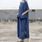Short-sleeve Ruffle Maxi Shift Dress Blue - One Size