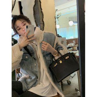 Fluffy Denim Panel Zip Jacket