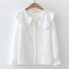 Peter Pan-collar Long-sleeve Plain Blouse White - One Size