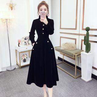 Long-sleeve Stand Collar Midi A-line Velvet Dress