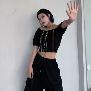 Off-shoulder Zip Detail Crop T-shirt