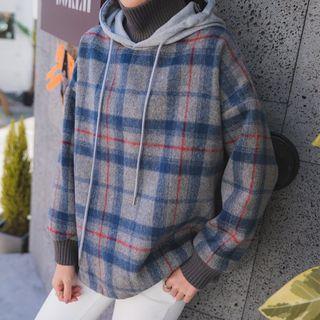 Turtle-neck Hooded Plaid Sweatshirt Gray - One Size