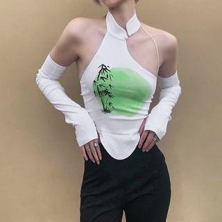 Mandarin Collar Crop Tank Top With Arm Sleeves