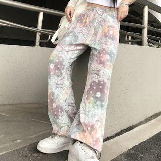Printed Bungee Cord Pants Multicolor Flower & Pattern - White - One Size