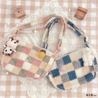 Plaid Fluffy Crossbody Bag / Charm / Badge / Set