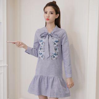 Embroidered Long-sleeve Pinstriped Dress