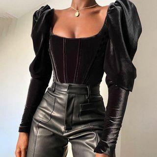 Long-sleeve Square-neck Velvet Blouse