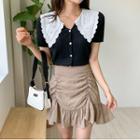 Eyelet-lace Collar Short-sleeve Cardigan