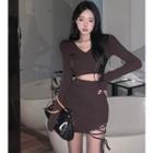 Long-sleeve V-neck Plain Cropped Top / Mini Skirt