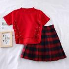 Set: Short-sleeve Knit Top + Plaid High-waist Pleated Skirt