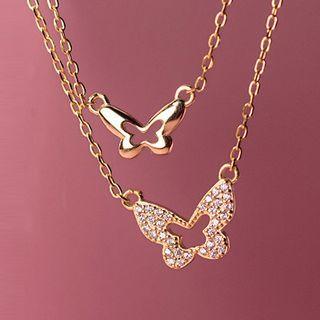 Rhinestone Butterfly Layered Necklace