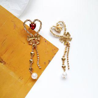 Faux Pearl Rhinestone Heart Fringed Earring