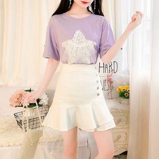 Short-sleeve Star Lace T-shirt / Ruffled A-line Skirt