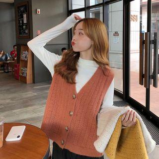 Buttoned Knit Vest / Mock-turtleneck Long-sleeve Top