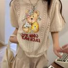 Puff-sleeve Bear Printed Cropped Top / High-waist Plain Mini Skirt