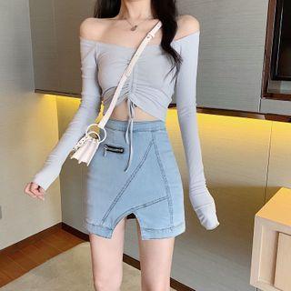 Long-sleeve Drawstring Top / Denim Skort