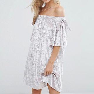 Off Shoulder Velvet Elbow Sleeve Dress