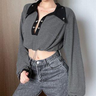 Long Sleeve Contrast Collar Drawstring Polo Shirt