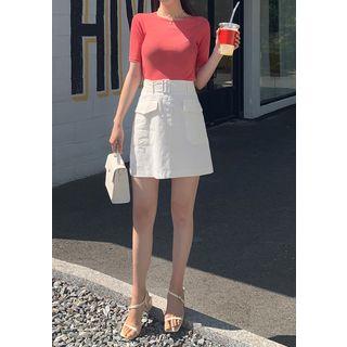 Belted Linen Blend Miniskirt