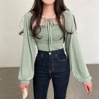 Set: Puff Sleeve Tie-front Light Cardigan + Ruched Crop Camisole Top