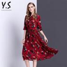Elbow-sleeve Floral Print Pleated A-line Dress