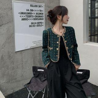 Collarless Checked Button Jacket