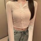 Bow-accent Long-sleeve Slim-fit Top White - One Size