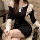 Two-tone Ribbon Knit Mini Sheath Dress Black - One Size