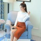 Set: Bell-sleeve T-shirt + Embellished Asymmetric Skirt