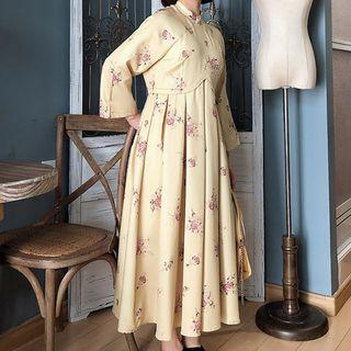 Long-sleeve Floral Chiffon A-line Midi Dress Yellow - One Size