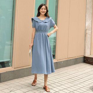 Sailor-collar Gathered-waist Long Dress