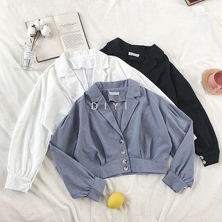 Plain V-neck Single-breasted Long-sleeve Blouse