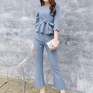 Set: Tie-waist 3/4-sleeve Top + Boot Cut Pants