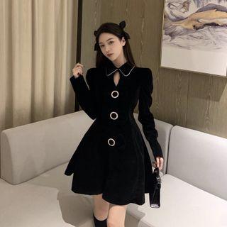 Long-sleeve Collared Button-up Mini A-line Dress
