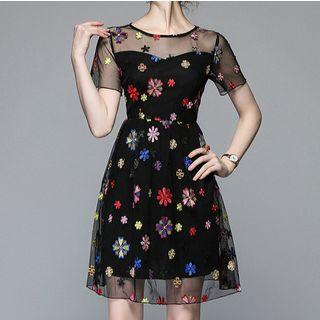 Short-sleeve Sheer Panel Embroidered Dress