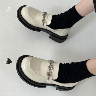 Rhinestone Heart Block Heel Loafers